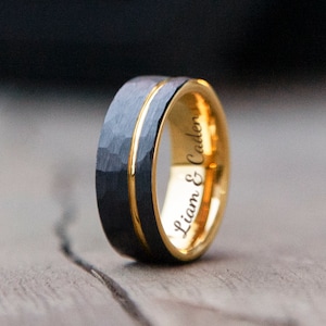 Custom Engrave Man Ring | Hammer Man Ring Black & Gold Mens Tungsten Ring | Best Friend Ring | 25th Anniversary or Birthday Gift for Him
