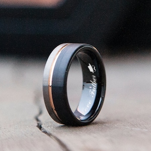 Custom Engraved Black Tungsten Carbide Mens Wedding Band