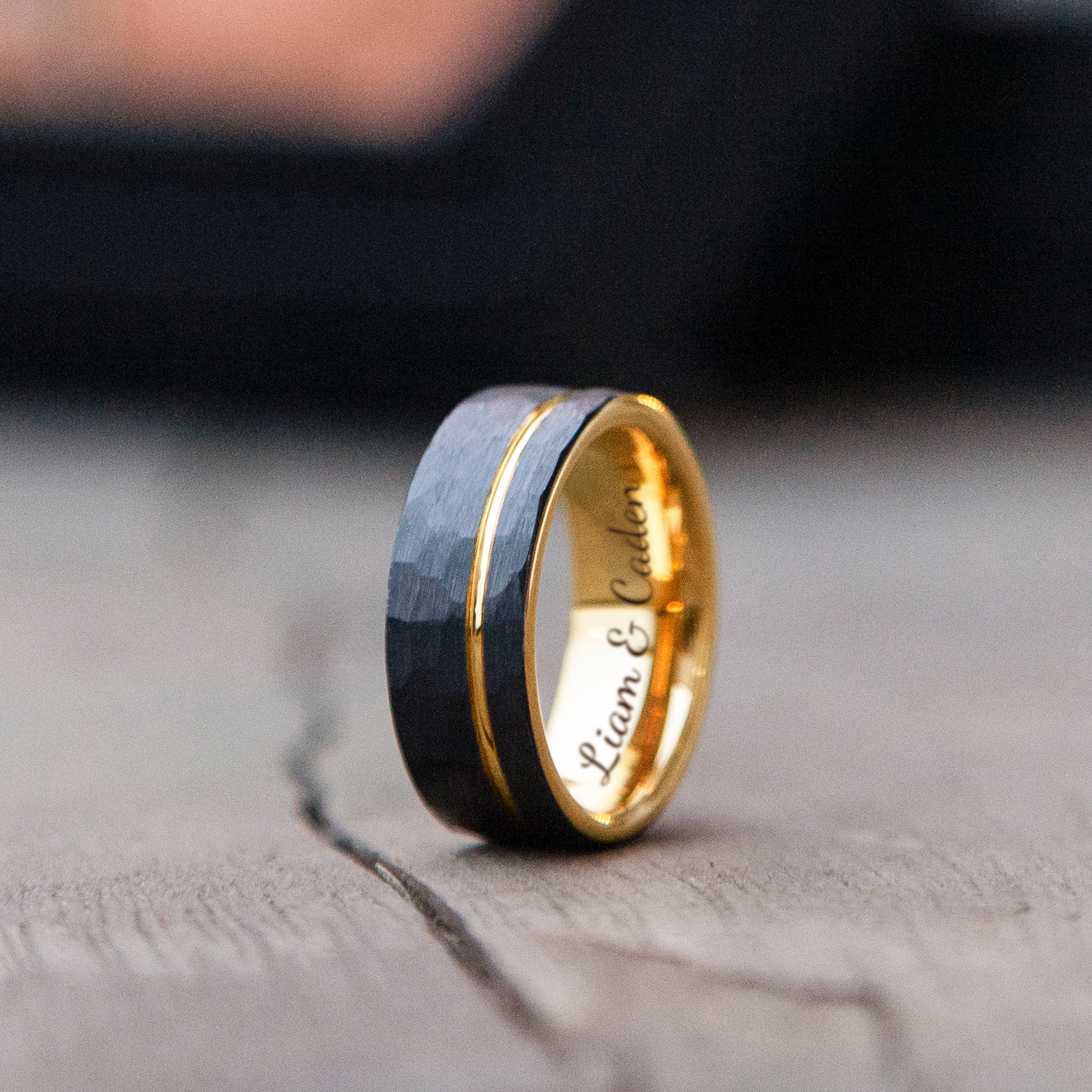 Custom Engrave Man Ring | Hammer Man Ring Black & Gold Mens Tungsten Ring | Best Friend Ring | 25th Anniversary or Birthday Gift for Him