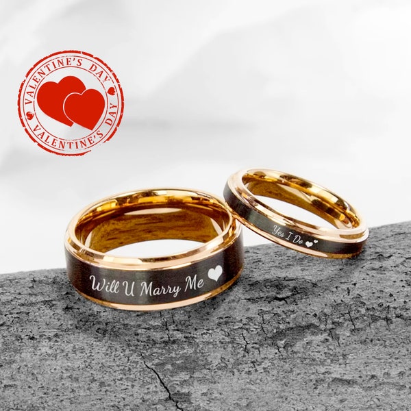 Couple Rings, Personalized Engraved Rings, Promise Rings for Couple, Black and Rose Gold Tungsten Carbide Rings, Valentine's Day Gift Idea