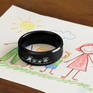 Anillo de carburo de tungsteno grabado con dibujo artístico personalizado para niños: regalo personalizado, joyería artística única, recuerdo perfecto para padres, talla 5-16