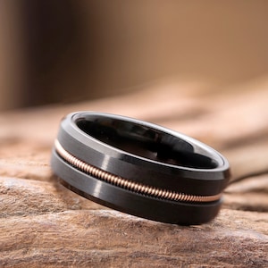 Tungsten Guitar String Ring: Engraved Mens Wedding Band