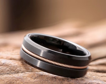 Tungsten Guitar String Ring: Engraved Mens Wedding Band