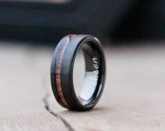 Man Black Ring | Tungsten Carbide Ring| Signature Engraved Ring | Graduation Gift |8MM Tungsten & KOA Wood Inlay Ring |Birthday gift For him