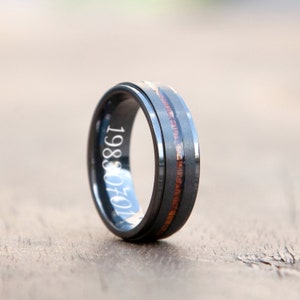 Man Black Ring | Custom Engraved Ring | 5th Anniversary Gift |8MM Black Zirconium Ring & KOA Wood Inlay Ring |Birthday gift For him