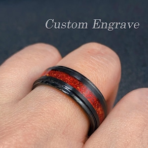 Black Titanium Ring: Red Fire Opal Inlay, Custom Engraved Wedding Band