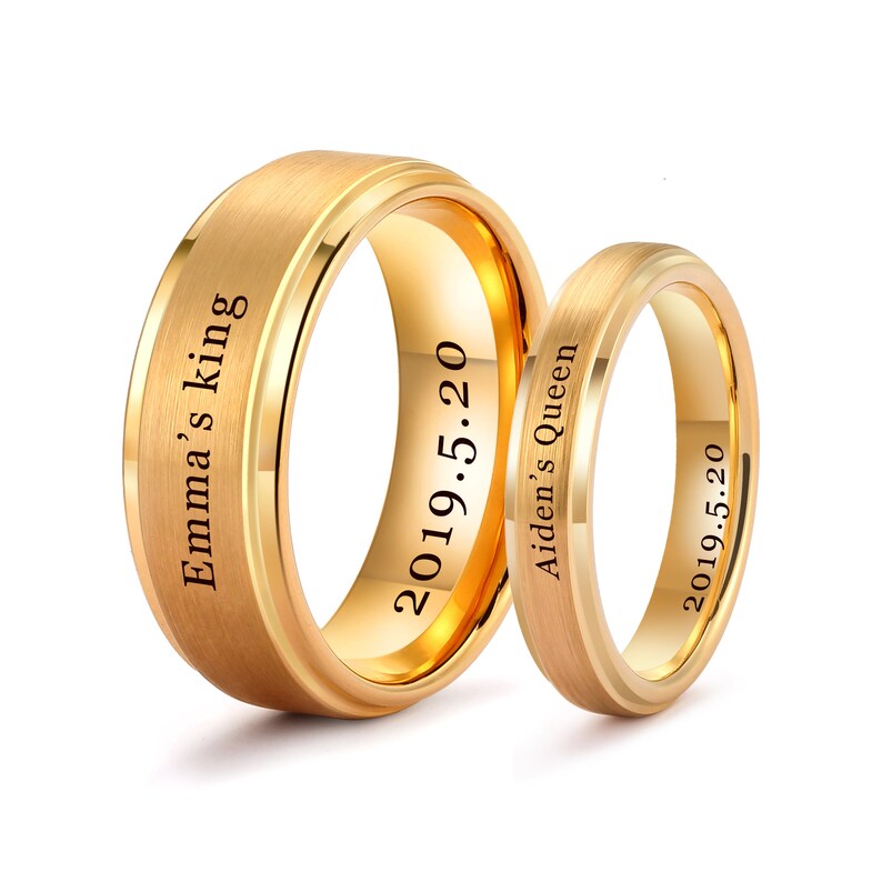 Engrave Couple Ring Brushed Gold Tungsten Ring Set Wedding Etsy