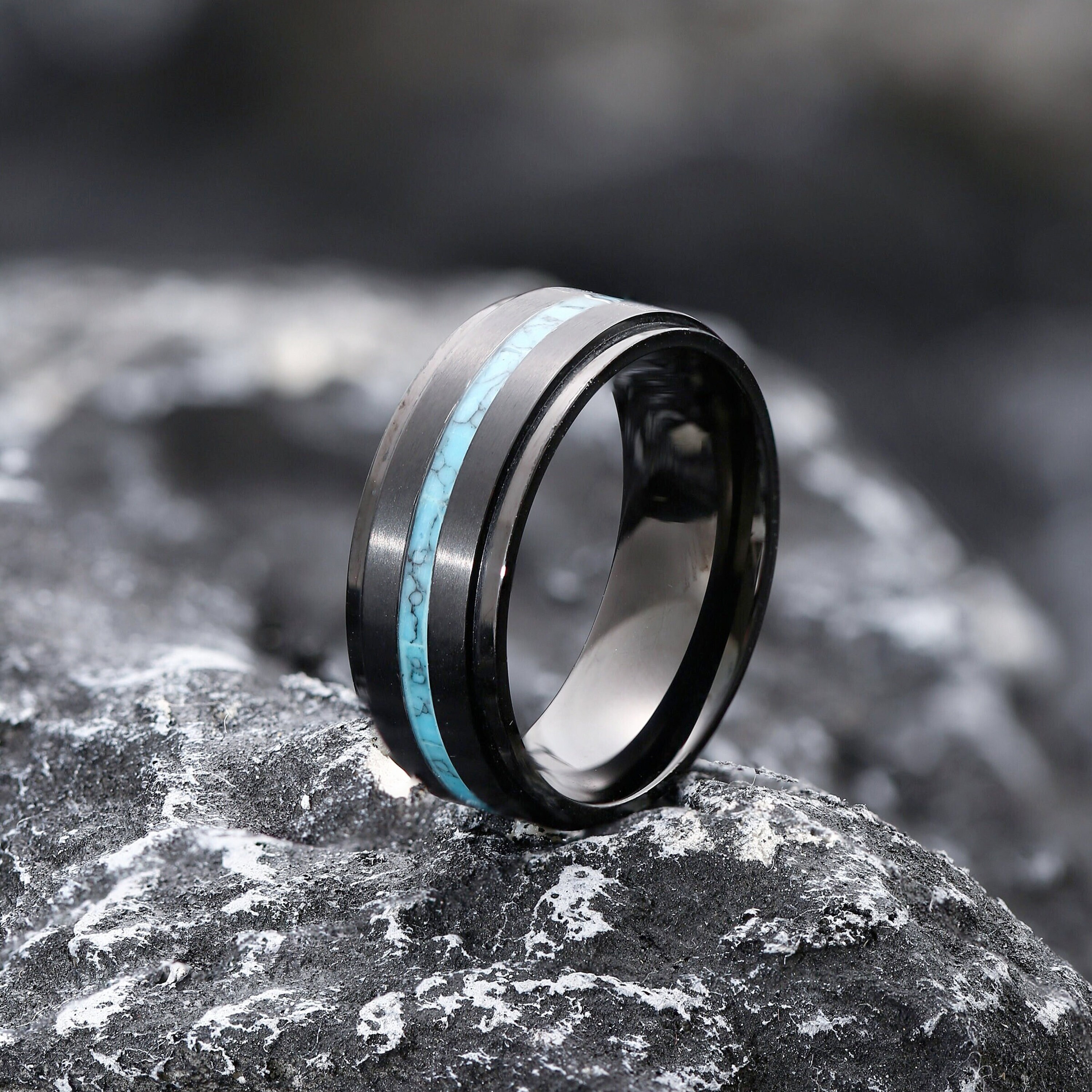 Ulan Moron Black Titanium Ring with Turquoise Inlay Custom Engraved Ring Mens Wedding Band 8mm Black Groove Ring