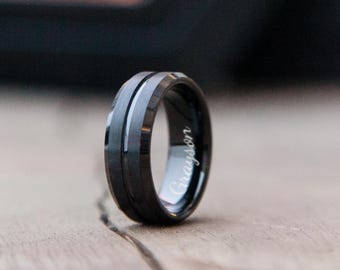 Custom Ring For Men, Black Tungsten Groove Wedding Band, 6MM 8MM, Polished Beveled Edge, Comfort-Fit, Personalized Gift For Men