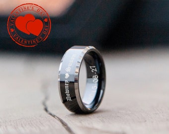Custom Engrave Black Tungsten Carbide Mens Ring, Polished Silver Bevelled Edge, Mens Anniversary Wedding Engagement Ring, Mens Birthday Gift