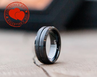 Black Ring for Men | Custom Engraved Ring| Anniversary Gifts for Boyfriend| Satin Black Tungsten Ring| Wedding and Engagement Gifts