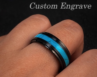 Titanium Ring with Turquoise Inlay, Custom Engraved Mens Wedding Band