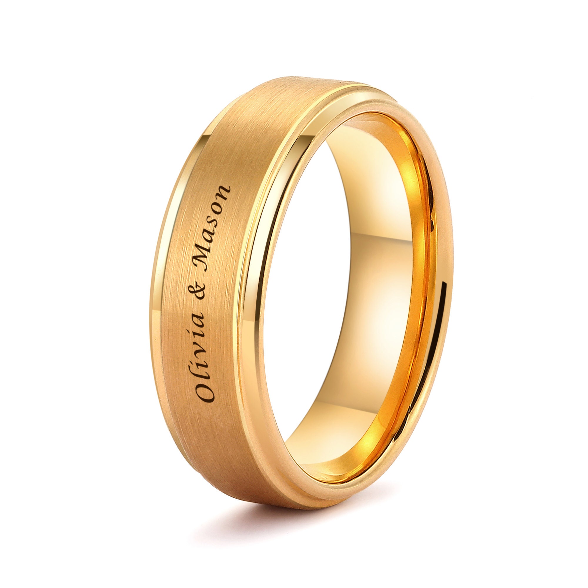 Engraved Personalized Tungsten Rings for Mens Wedding Bands Black Matte Gold Grooved Center Size 6-16