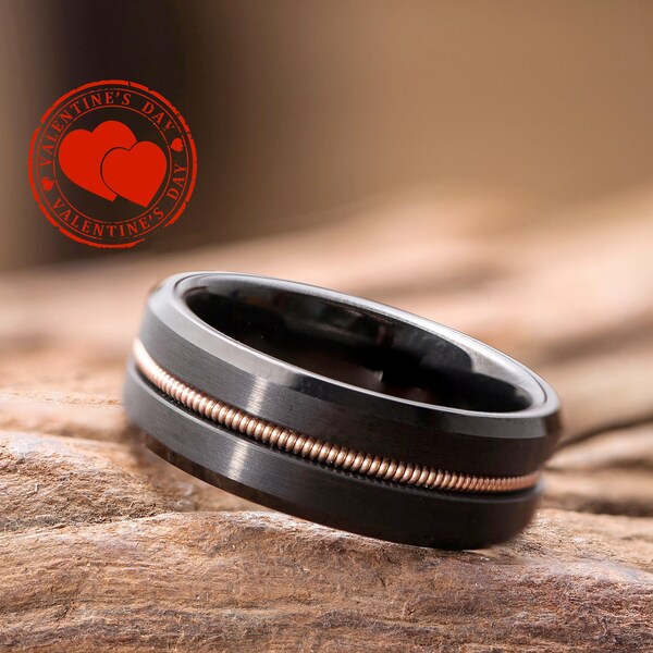 Ulan Moron Tungsten Carbide Ring| Custom Engraved Ring | Mens Wedding Band |8MM Black Groove Ring with Guitar String Inlay