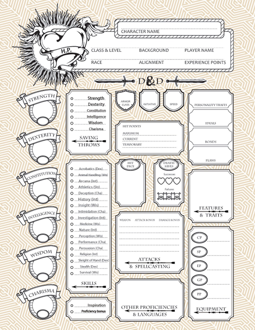 Dnd PDF Downloadable Character Sheets Dungeons and Dragons 5e - Etsy