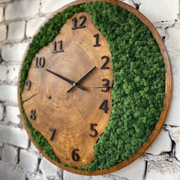 Wooden Wall Clock with Moss, Green Moss Scandinavian Home Decor, Resin Wood Art
