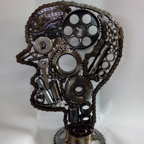 scrap metal head-head sculpture-metal art-bionic head-steampunk head