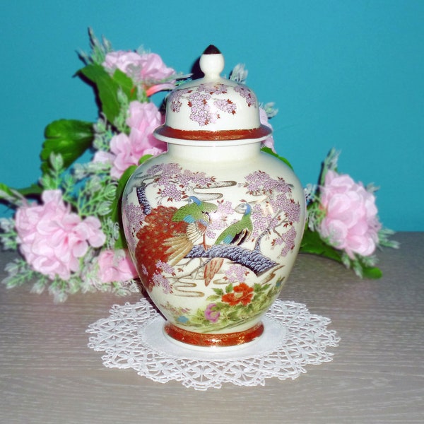 Magnifique urne/vase japonaise ornée de 2 paons sur fond craquelé