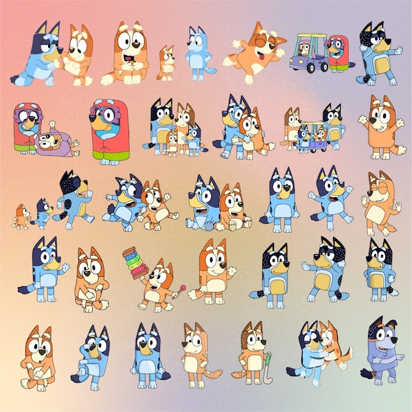 Bluey Clipart Bundle, PNG-Dateien, Bluey & Bingo, Bluey Family, Bluey Geburtstagsparty, Hund, Designs, Illustrationen, ClipArt, PNG für Shirts