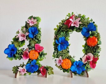 40th birthday gift, flower numbers, tropical birthday centerpiece, hawaii birthday number, 40th birthday numbers, luau birthday number