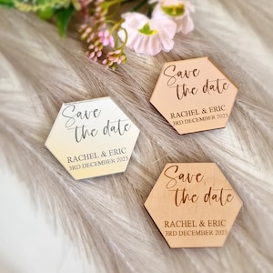 Acrylic Save the date magnet, acrylic wedding invitation, hexagon wedding invitation, Mirrored Save the date postcard