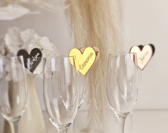 Wedding drink toppers, personalized wine charms, heart place names wedding favours, acrylic wine charms, wedding name place cards