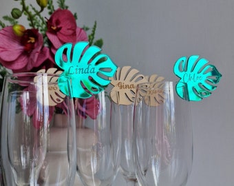 Tropical Name Place Card Custom Drink Tag Charm Monstera Leaf Tropical Wedding Party Favor Name Card Personalized Tags for Drink Place Cards