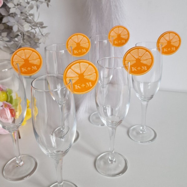 Aperol Spritz drink tags personalized, citrus bridal shower cocktail charms, acrylic drink toppers custom, lemon party favors