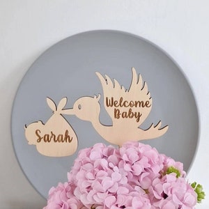 Baby shower cake topper personalized, welcome baby decoration custom stork, baby shower favors customized