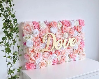 Custom flower wall backdrop, pink flower wall panel, personalized baby gift, name sign for nursery girl