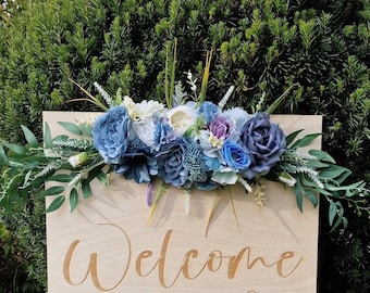 Blue wedding decoration, customized wedding flower swag, wedding flower arrangement over welcome sign, floral arrangement for wedding