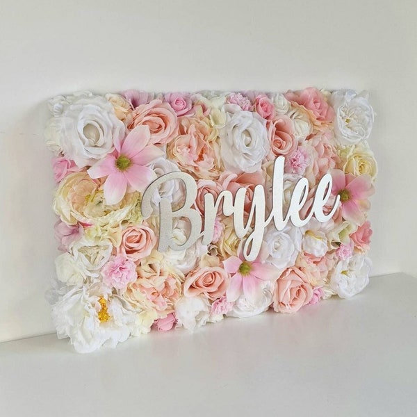 Silver nursery name sign, custom floral wall, floral nursery decor, gift for newborn, gift for baby girl, baby shower gift