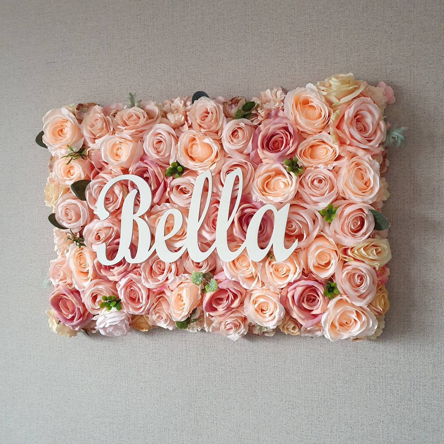 Floral wall with wood name sign large flower wall with wooden Etsy