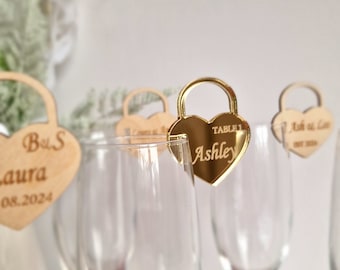 Custom drink stirrers, heart glass name tags, personalized heart lock charms for wedding drinks, name place tags