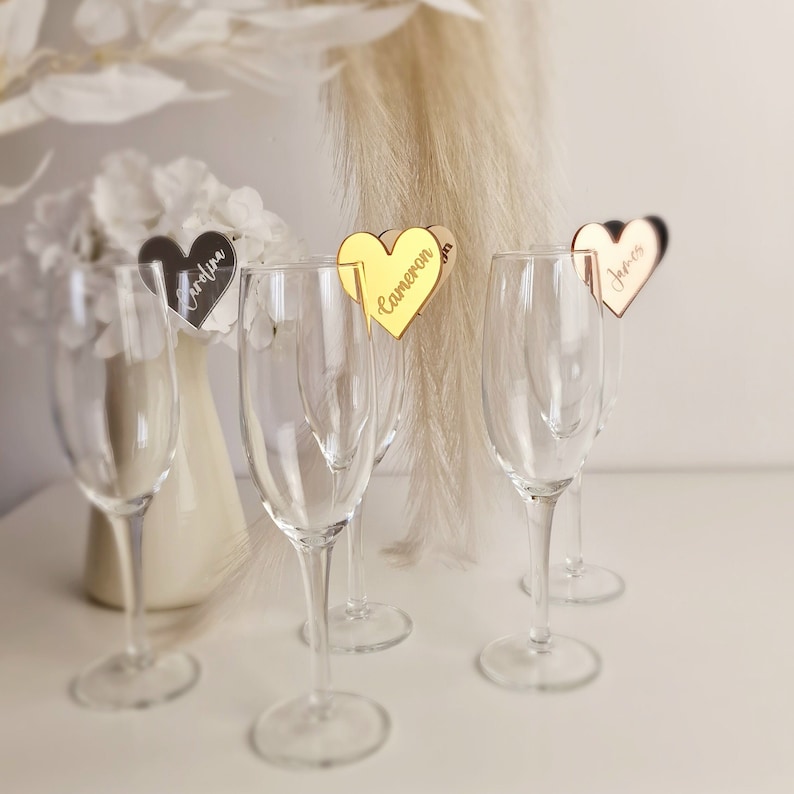 Wedding drink toppers, personalized wine charms, heart place names wedding favours, acrylic wine charms, wedding name place cards image 1