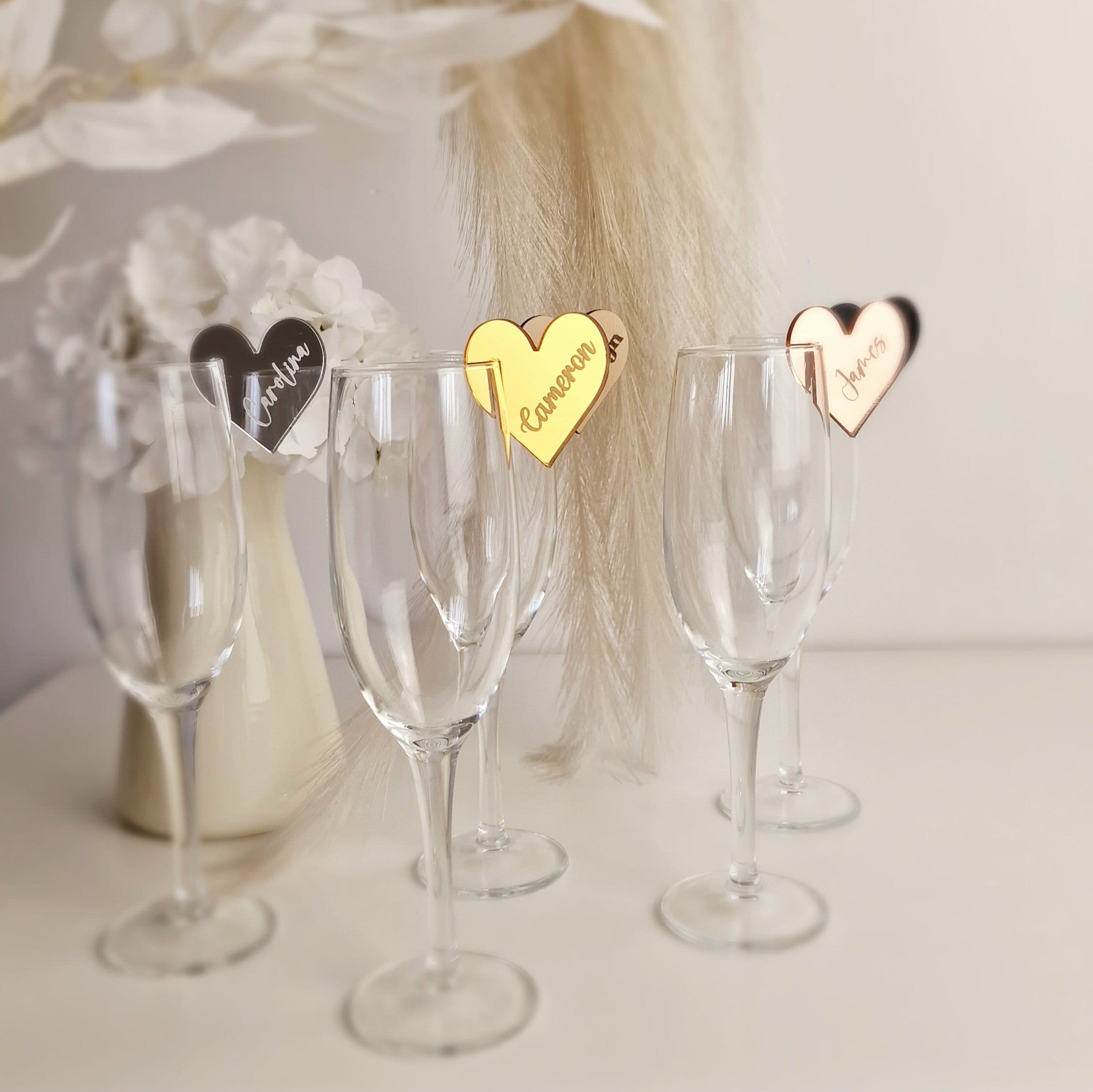 Wedding drink toppers, personalized wine charms, heart place names wedding favours, acrylic wine charms, wedding name place cards