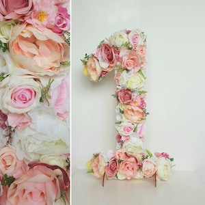 Letras florales, números florales, accesorio para fotos de niña, accesorio para fotos de cumpleaños, letras de flores, números de flores, decoración de primer cumpleaños en color melocotón