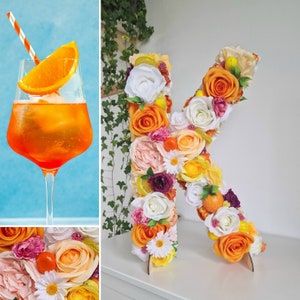 Decoración para despedida de soltera con Aperol Spritz, letras de flores personalizadas, decoraciones para fiestas cítricas