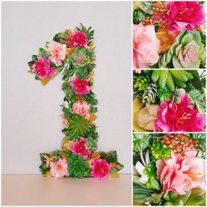 Hawaii birthday decor, tropical birthday photo prop, large birthday decor, flower numbers, decor with succulents image 3