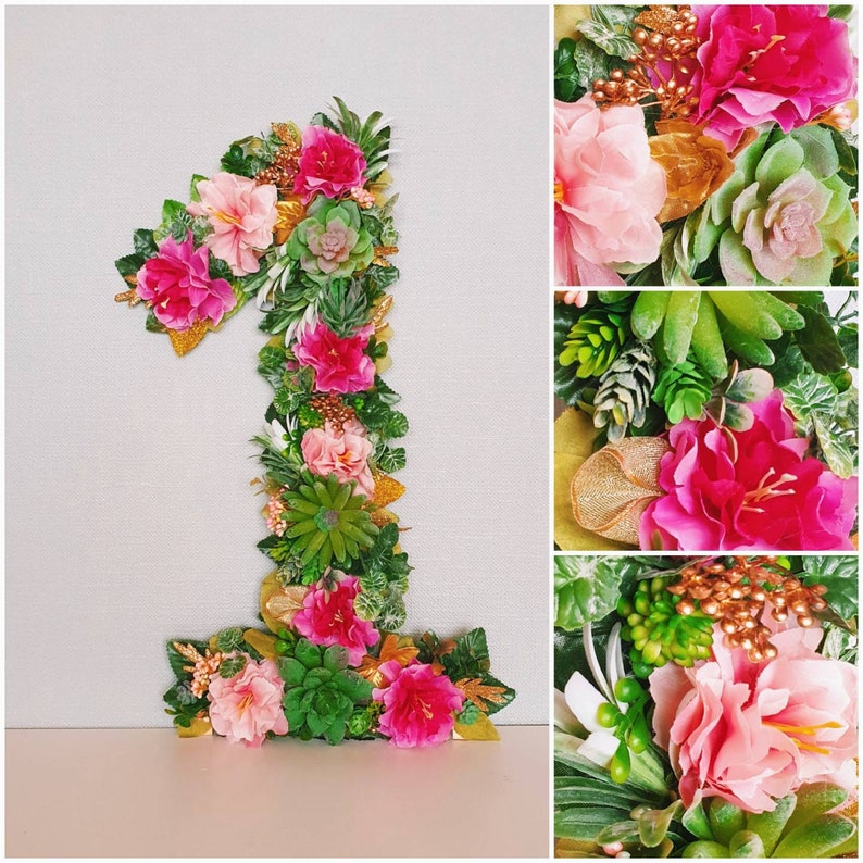 Hawaii birthday decor, tropical birthday photo prop, large birthday decor, flower numbers, decor with succulents image 3