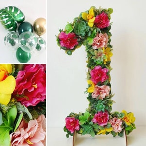 Hawaii birthday decor, tropical birthday photo prop, large birthday decor, flower numbers, decor with succulents image 4