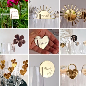 Wedding drink toppers, personalized wine charms, heart place names wedding favours, acrylic wine charms, wedding name place cards image 7