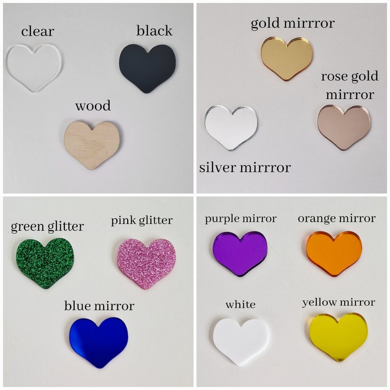 Peut inclure: Assortiment de plaques acryliques en forme de c&oelig;ur dans diff&eacute;rentes couleurs et finitions, y compris transparent, noir, bois, miroir dor&eacute;, miroir rose gold, miroir argent&eacute;, paillettes vertes, paillettes roses, miroir violet, miroir orange, miroir bleu, blanc et jaune miroir.