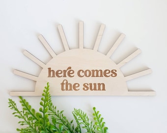 Here comes the sun wood sign, here comes the sun wood decor, here comes the sun wall decor, sun decor for nursery, nursery shelf decor