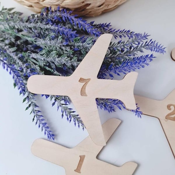 Aviation themed wedding table cards, customized wooden planes, table card numbers, rustic wedding table cards, engraved planes for wedding