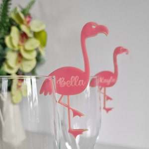 Tropical party name tags, flamingo drink stirrer, custom drink toppers, acrylic place cards