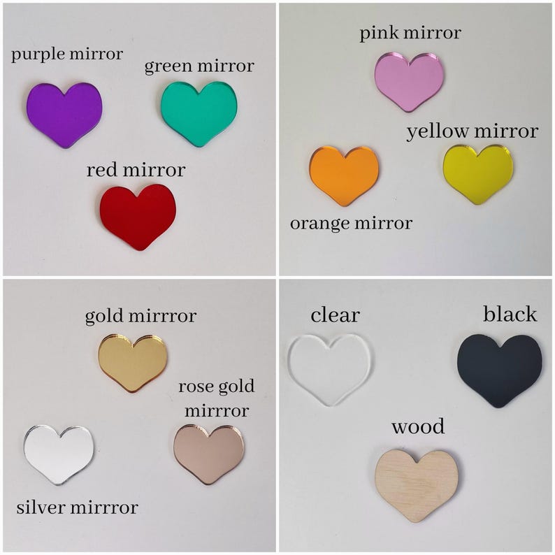 May include: Assortment of heart-shaped acrylic mirrors in various colors, including purple, green, red, orange, yellow, pink, gold, rose gold, silver, clear, black, and wood.