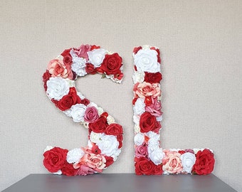 Red floral letter, wedding monogram, wedding initials, red decor, wedding centerpiece, bridal shower decor, wedding decor