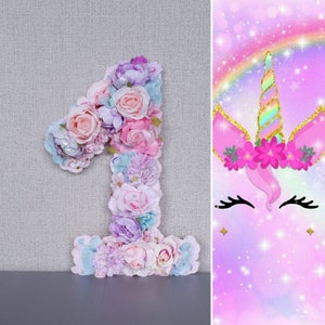 Decoração de aniversário de unicórnio, número de aniversário, decoração de festa de unicórnio, decorações de primeiro aniversário, tema de unicórnio de 1º aniversário, número floral