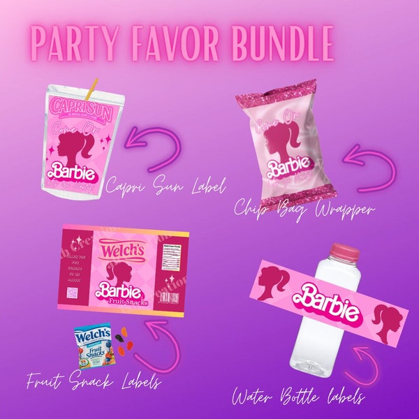 Barbie INSPIRED party favor bundle, fashion doll, digital download, pdf, chip bag, Capri sun, fruit snack, water bottle label, kids party